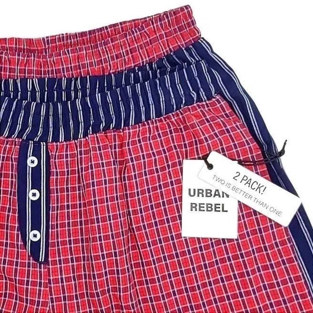 2 Cotton Sleep Shorts Womens XL Pajama Boxer Pockets Red Gingham & Blue Striped - Picture 6 of 11